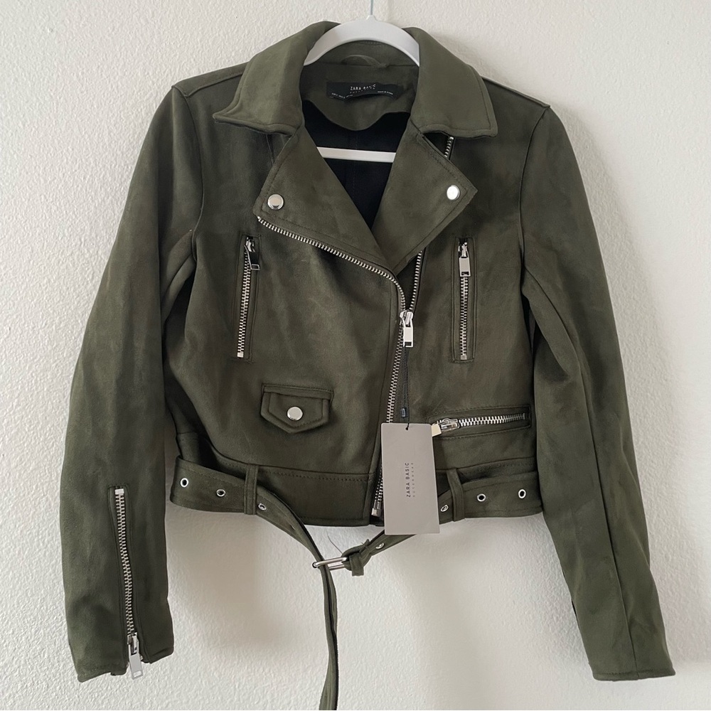NWT ZARA women Outwear Olive Green Faux Suede Belted Moto Biker Jacket Size S